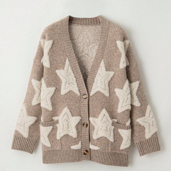 Khaki Casual Women's Cute And Star Pattern Loose Fit Cardigan - Picture 6 of 8